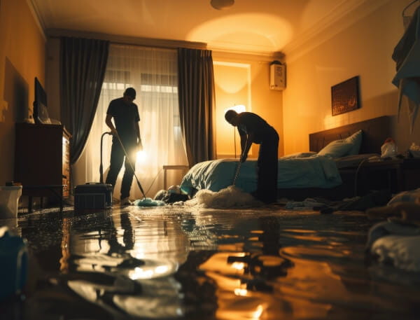 People cleaning flooded room